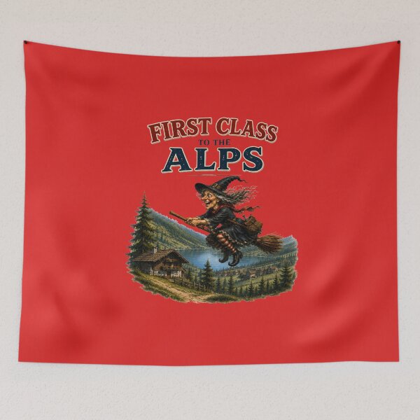 Item preview, First Class to the Alps – Funny Flying Witch Alpine Adventure designed and sold by Alpine-Ink.