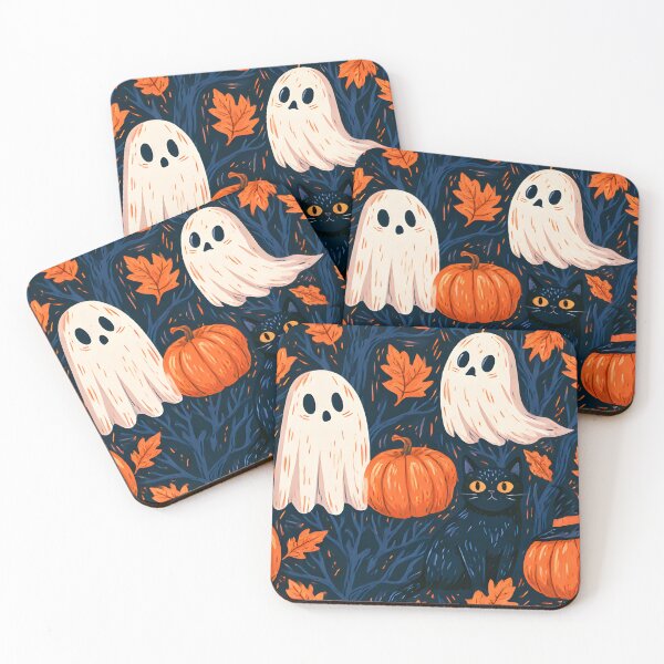 Item preview, Spooky Autumn Ghosts & Black Cat – Halloween Pattern designed and sold by KAM-KAM-STORE.