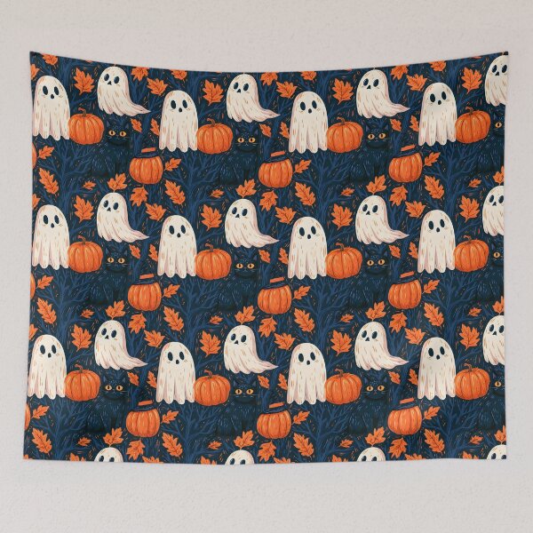 Item preview, Spooky Autumn Ghosts & Black Cat – Halloween Pattern designed and sold by KAM-KAM-STORE.