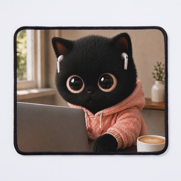 Item preview, Black Cat Working on Laptop with Coffee designed and sold by dreamybyana.