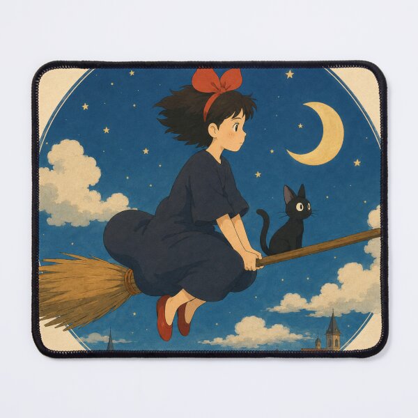 Item preview, Witchy Cat Moon Broomstick | Magical Witch Girl Anime Art | Black Cat Fantasy designed and sold by AbstractAuraArt.