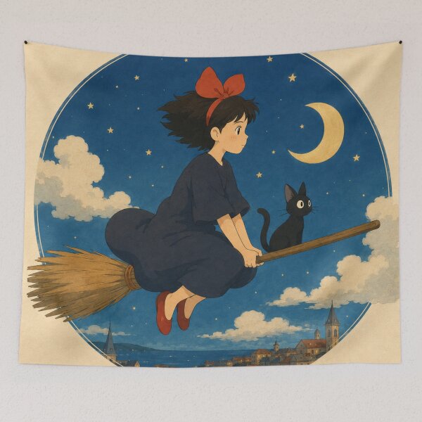 Item preview, Witchy Cat Moon Broomstick | Magical Witch Girl Anime Art | Black Cat Fantasy designed and sold by AbstractAuraArt.