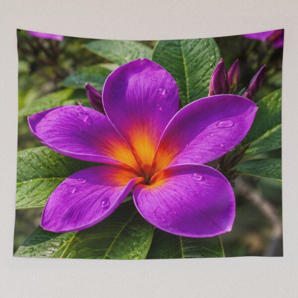 Item preview, Purple Plumeria Flower with Water Droplets and Tropical Green Leaves designed and sold by Wild Bloom Paws.