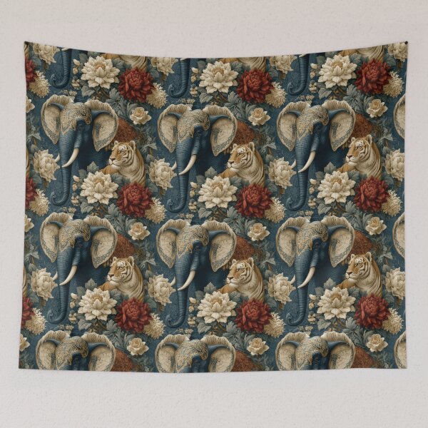 Item preview, Vintage Navy Elephant and Tiger Floral Pattern By Moose Disco designed and sold by MooseDisco.