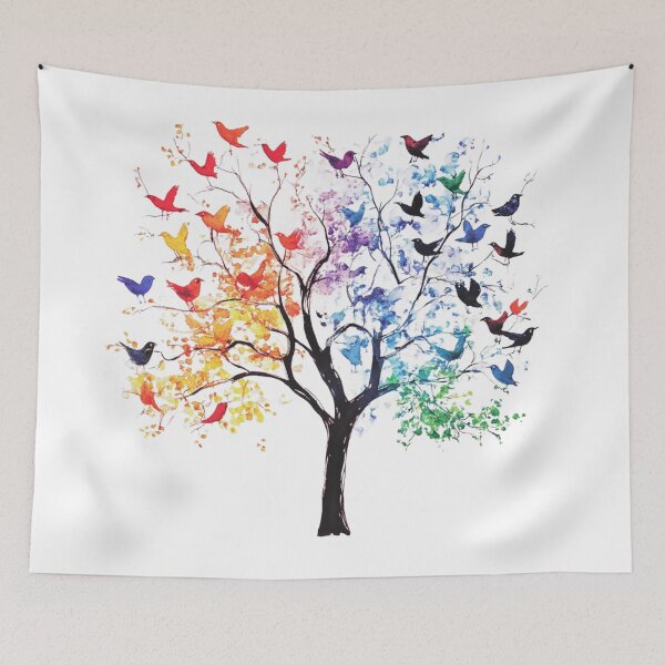 Item preview, Four Seasons Tree with Colorful Birds – Watercolor Nature Art designed and sold by Awarrie.