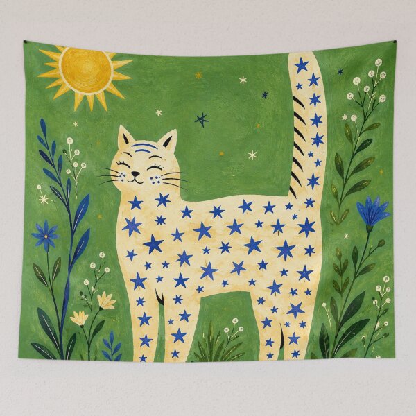 Item preview, Cute Cat Art Print | Whimsical Star Cat & Botanical Folk Art | whimsical cat wall art designed and sold by AbstractAuraArt.