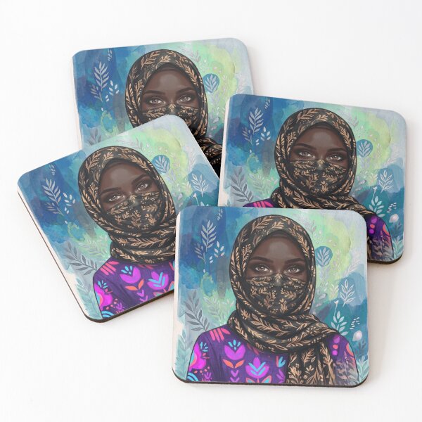 Item preview, Intricate Gold Leaf Hijab and Veiled Black Woman Watercolor Portrait Art Print designed and sold by HayaasBoutique.