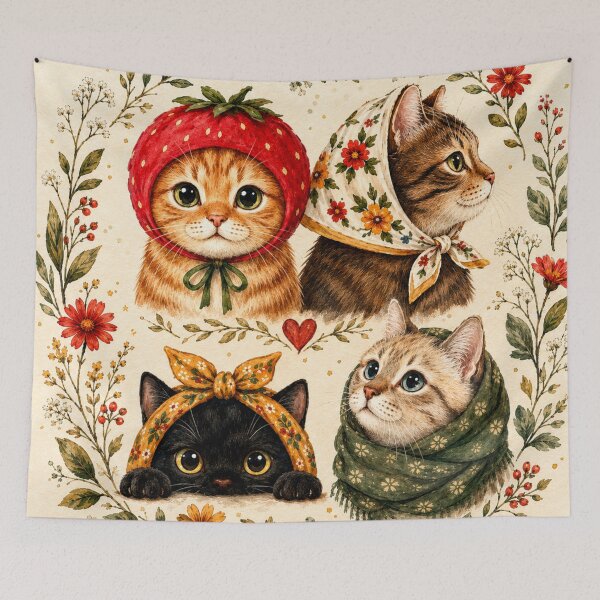 Item preview, Cottagecore Floral Cat Art – Vintage Botanical Watercolor Cats Wall Decor | Cottagecore Cat Art designed and sold by AbstractAuraArt.