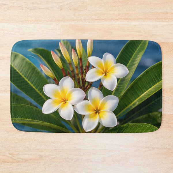 Item preview, White Plumeria Flowers with Golden Centres and Tropical Green Leaves designed and sold by Wild Bloom Paws.