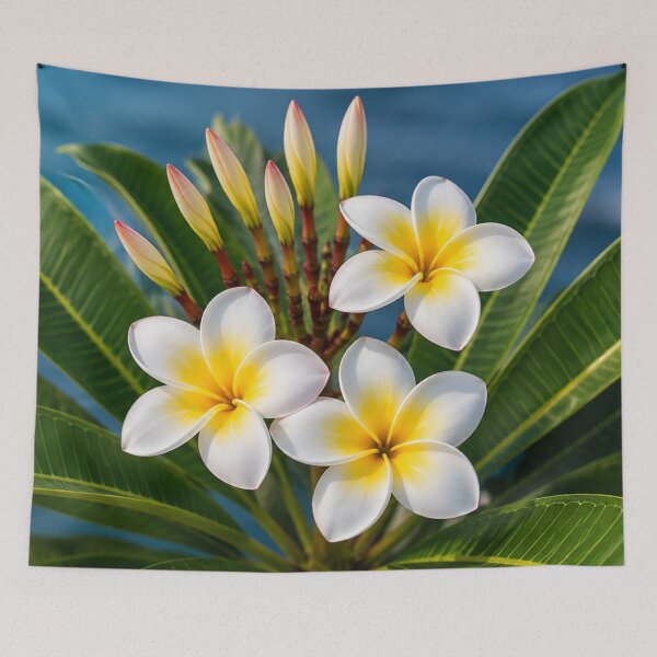 Item preview, White Plumeria Flowers with Golden Centres and Tropical Green Leaves designed and sold by Wild Bloom Paws.