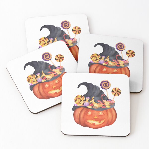 Item preview, Cute Halloween Pumpkin with Witch Hat and Colorful Sweets Watercolor Art designed and sold by ElenaValeto.