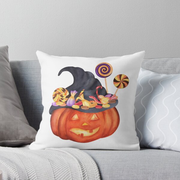 Item preview, Cute Halloween Pumpkin with Witch Hat and Colorful Sweets Watercolor Art designed and sold by ElenaValeto.