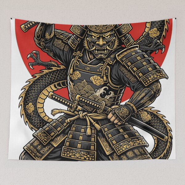 Item preview, Samurai Oni Warrior With Japanese Dragon And Red Rising Sun designed and sold by Surviving Monday Club.