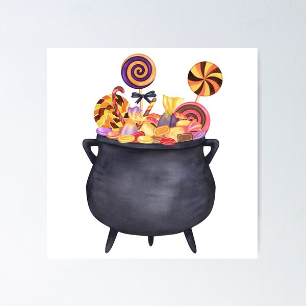 Item preview, Cute Halloween Witch Cauldron Filled with Sweets Watercolor Illustration designed and sold by ElenaValeto.