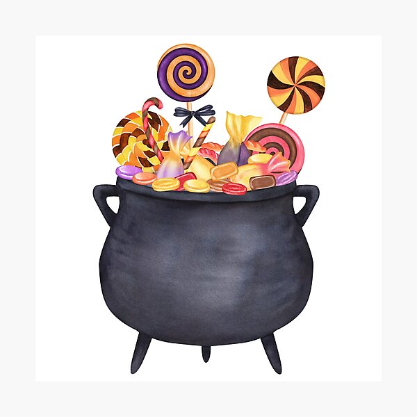Item preview, Cute Halloween Witch Cauldron Filled with Sweets Watercolor Illustration designed and sold by ElenaValeto.