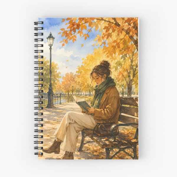 Item preview, Cozy autumn watercolor illustration of a young woman reading a book on a park bench designed and sold by aleano2026.