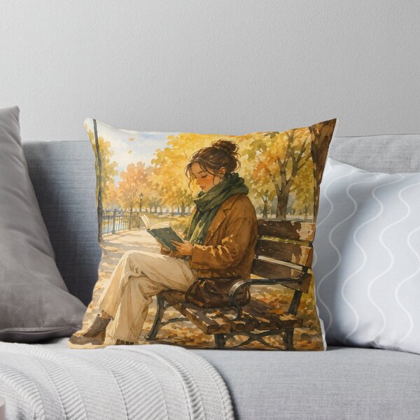 Item preview, Cozy autumn watercolor illustration of a young woman reading a book on a park bench designed and sold by aleano2026.