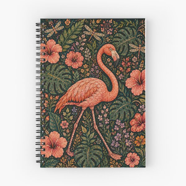 Item preview, Tropical Flamingo Among Hibiscus Flowers and Dragonflies Folk Art Jungle designed and sold by Jozefin's Studio.