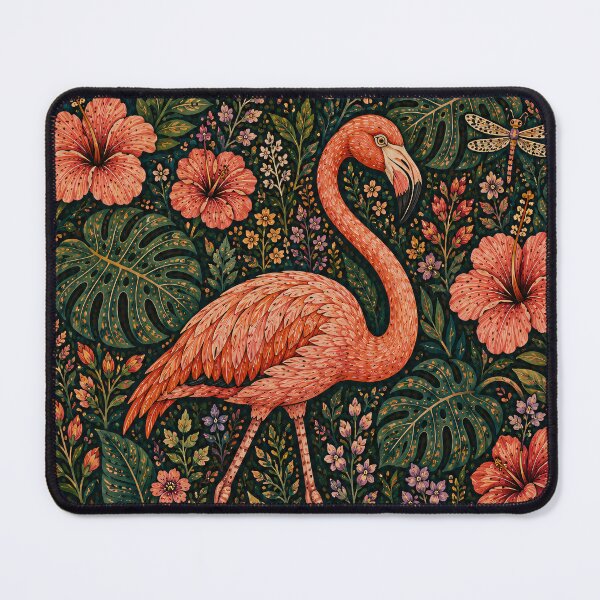 Item preview, Tropical Flamingo Among Hibiscus Flowers and Dragonflies Folk Art Jungle designed and sold by Jozefin's Studio.