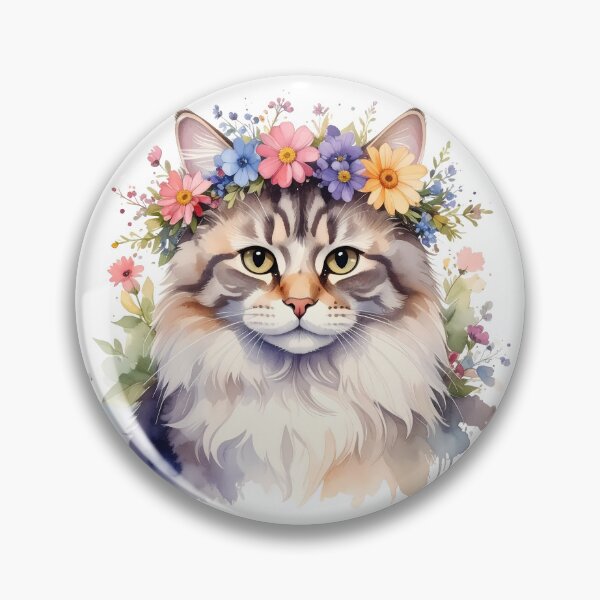 Item preview, Fluffy Cat Wearing Flower Crown Watercolor Portrait designed and sold by BetweenForms.