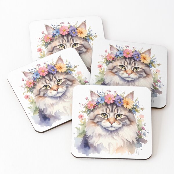 Item preview, Fluffy Cat Wearing Flower Crown Watercolor Portrait designed and sold by BetweenForms.