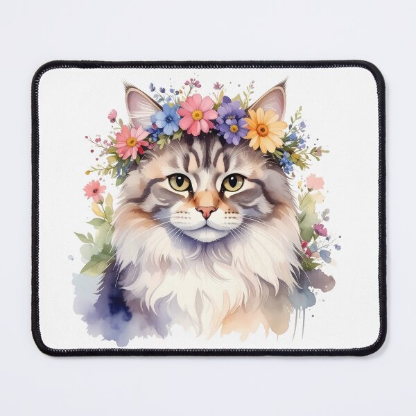 Item preview, Fluffy Cat Wearing Flower Crown Watercolor Portrait designed and sold by BetweenForms.