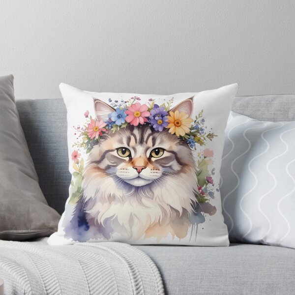 Item preview, Fluffy Cat Wearing Flower Crown Watercolor Portrait designed and sold by BetweenForms.