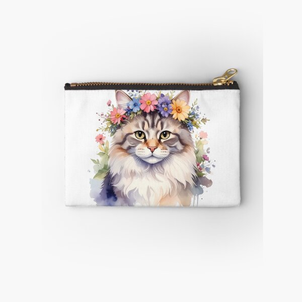 Item preview, Fluffy Cat Wearing Flower Crown Watercolor Portrait designed and sold by BetweenForms.