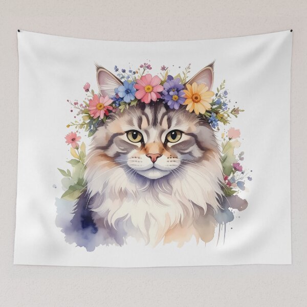 Item preview, Fluffy Cat Wearing Flower Crown Watercolor Portrait designed and sold by BetweenForms.