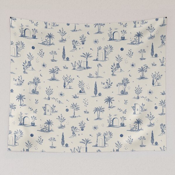 Item preview, Mediterranean Toile De Jouy Pattern Blue Palm Trees Archway designed and sold by QCena.