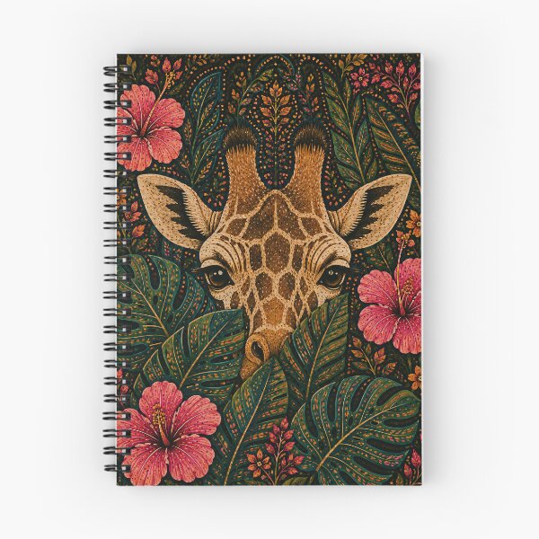 Item preview, Tropical Giraffe Peeking Through Monstera and Hibiscus Flowers Folk Art Jungle designed and sold by Jozefin's Studio.