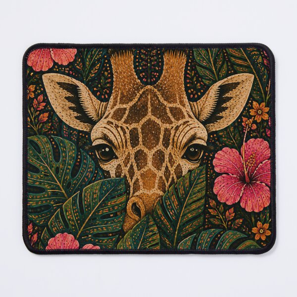 Item preview, Tropical Giraffe Peeking Through Monstera and Hibiscus Flowers Folk Art Jungle designed and sold by Jozefin's Studio.