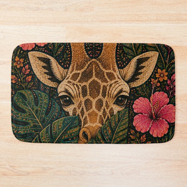 Item preview, Tropical Giraffe Peeking Through Monstera and Hibiscus Flowers Folk Art Jungle designed and sold by Jozefin's Studio.