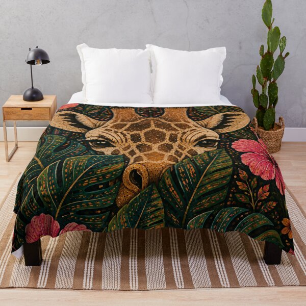 Item preview, Tropical Giraffe Peeking Through Monstera and Hibiscus Flowers Folk Art Jungle designed and sold by Jozefin's Studio.