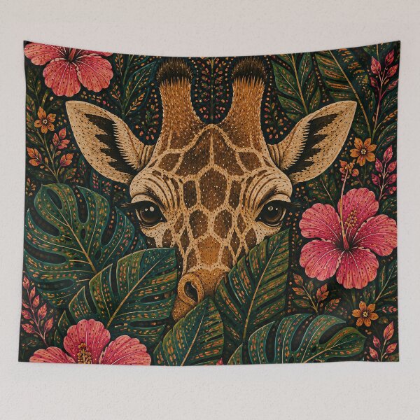 Item preview, Tropical Giraffe Peeking Through Monstera and Hibiscus Flowers Folk Art Jungle designed and sold by Jozefin's Studio.