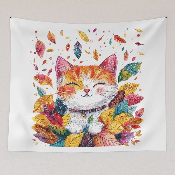 Item preview, Happy Autumn Cat – Colorful Fall Leaves Watercolor Cat Art designed and sold by Awarrie.
