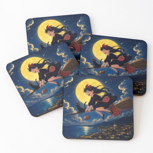 Item preview, Witchy Anime Aesthetic | Magical Witch Girl & Black Cat Flying Under Full Moon designed and sold by AbstractAuraArt.