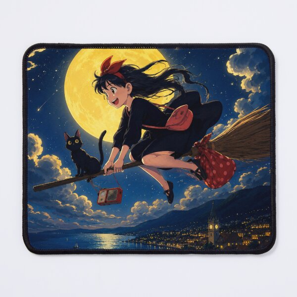 Item preview, Witchy Anime Aesthetic | Magical Witch Girl & Black Cat Flying Under Full Moon designed and sold by AbstractAuraArt.