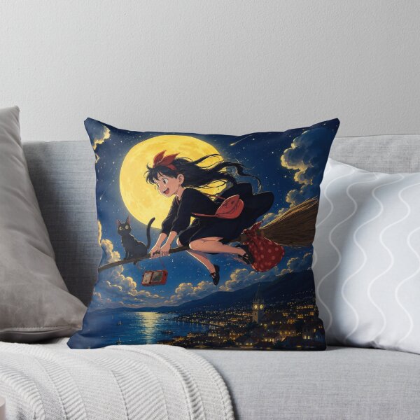Item preview, Witchy Anime Aesthetic | Magical Witch Girl & Black Cat Flying Under Full Moon designed and sold by AbstractAuraArt.