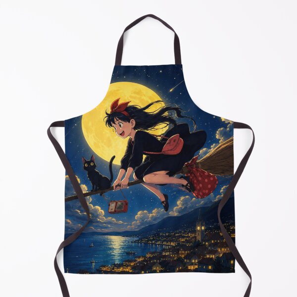 Item preview, Witchy Anime Aesthetic | Magical Witch Girl & Black Cat Flying Under Full Moon designed and sold by AbstractAuraArt.