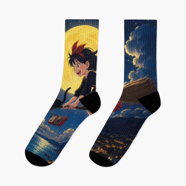 Item preview, Witchy Anime Aesthetic | Magical Witch Girl & Black Cat Flying Under Full Moon designed and sold by AbstractAuraArt.