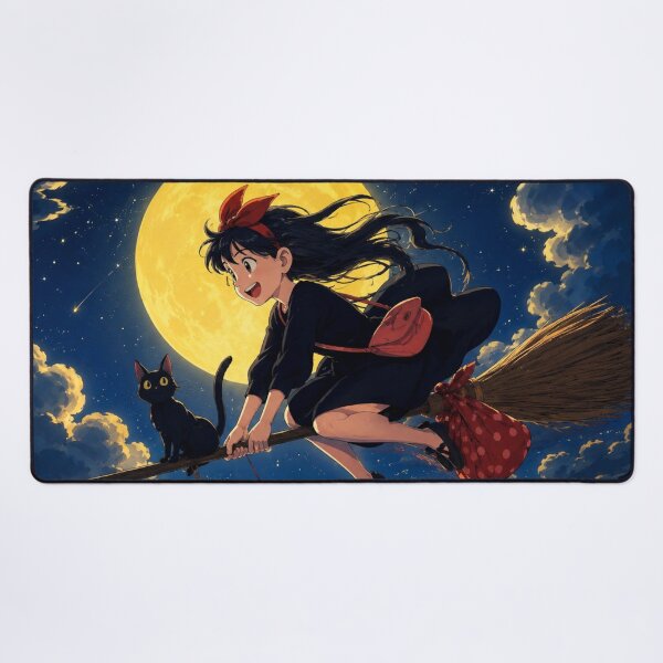Item preview, Witchy Anime Aesthetic | Magical Witch Girl & Black Cat Flying Under Full Moon designed and sold by AbstractAuraArt.