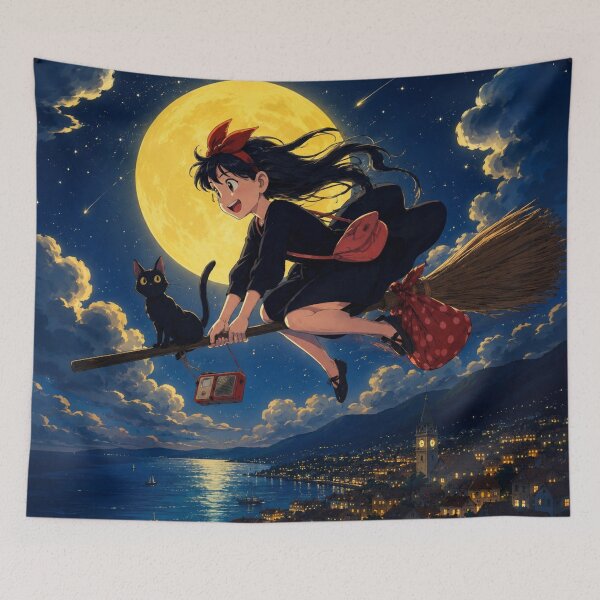 Item preview, Witchy Anime Aesthetic | Magical Witch Girl & Black Cat Flying Under Full Moon designed and sold by AbstractAuraArt.