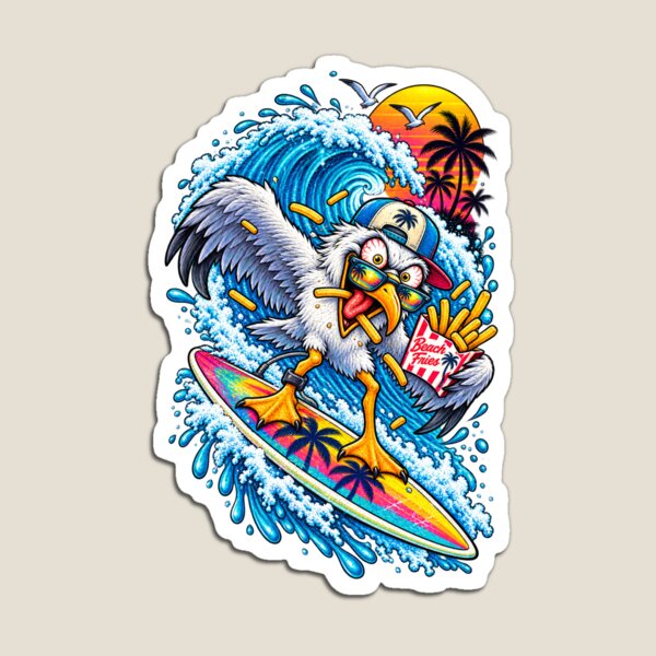 Aperçu de l'œuvre Une mouette vole des frites sur la plage créée et vendue par Mick G Designs.