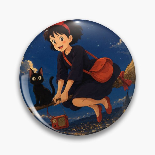 Item preview, Kiki’s Delivery Service Inspired Witchy Anime | Black Cat & Broomstick Night Flight designed and sold by AbstractAuraArt.