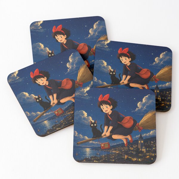 Item preview, Kiki’s Delivery Service Inspired Witchy Anime | Black Cat & Broomstick Night Flight designed and sold by AbstractAuraArt.