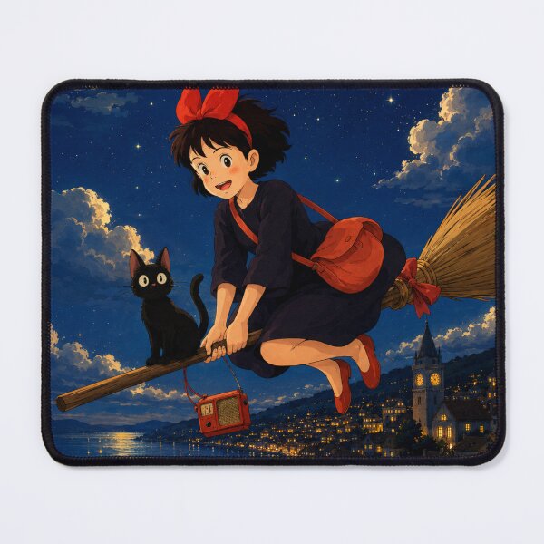 Item preview, Kiki’s Delivery Service Inspired Witchy Anime | Black Cat & Broomstick Night Flight designed and sold by AbstractAuraArt.