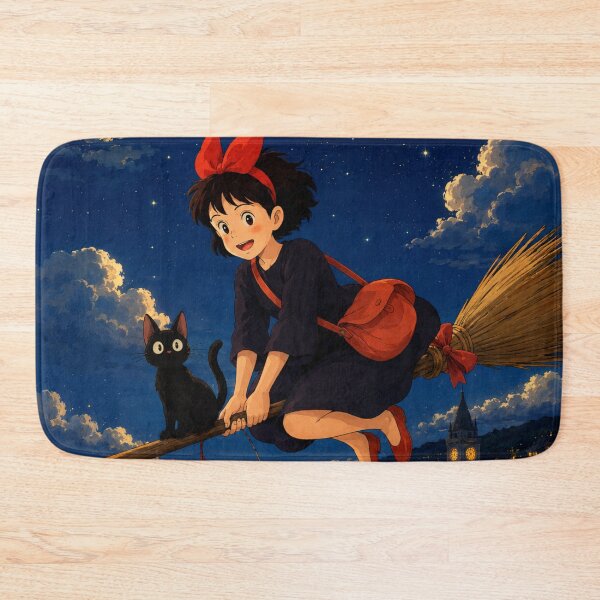 Item preview, Kiki’s Delivery Service Inspired Witchy Anime | Black Cat & Broomstick Night Flight designed and sold by AbstractAuraArt.