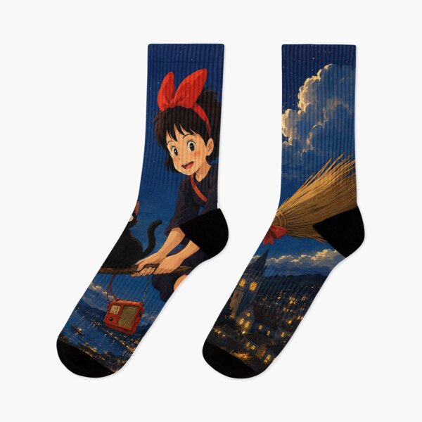 Item preview, Kiki’s Delivery Service Inspired Witchy Anime | Black Cat & Broomstick Night Flight designed and sold by AbstractAuraArt.