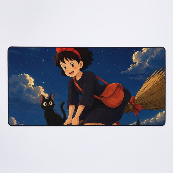 Item preview, Kiki’s Delivery Service Inspired Witchy Anime | Black Cat & Broomstick Night Flight designed and sold by AbstractAuraArt.